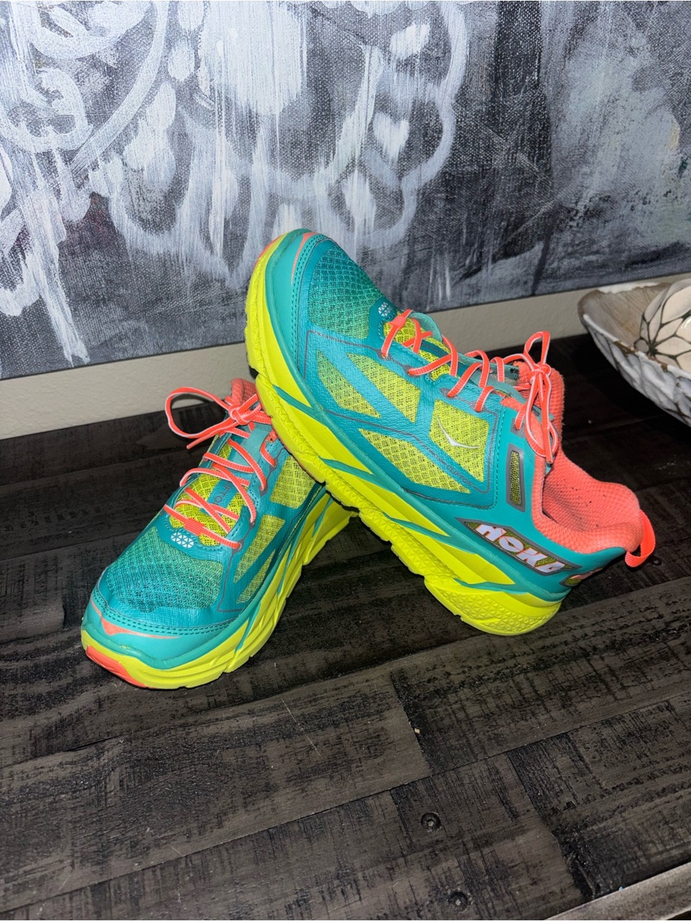 Hoka Clifton 1 shoes vibrant teal mesh and  bright yellow WOMENS SZ 7